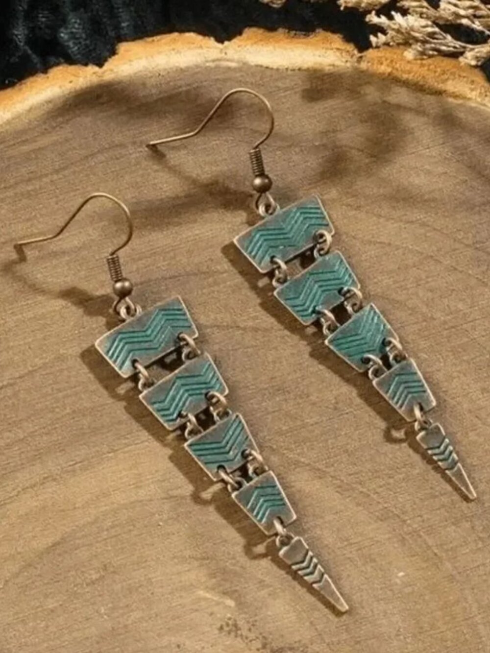 Ladies Triangular Blue Aztec Earrings